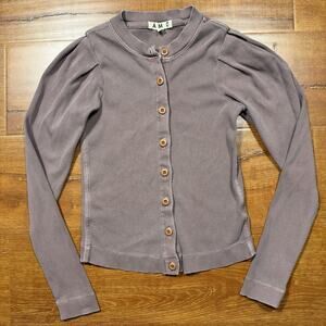 AMO Ribbed Cardigan Sweater Womens S Brown Puff Sleeve Cotton Made In USA Retro